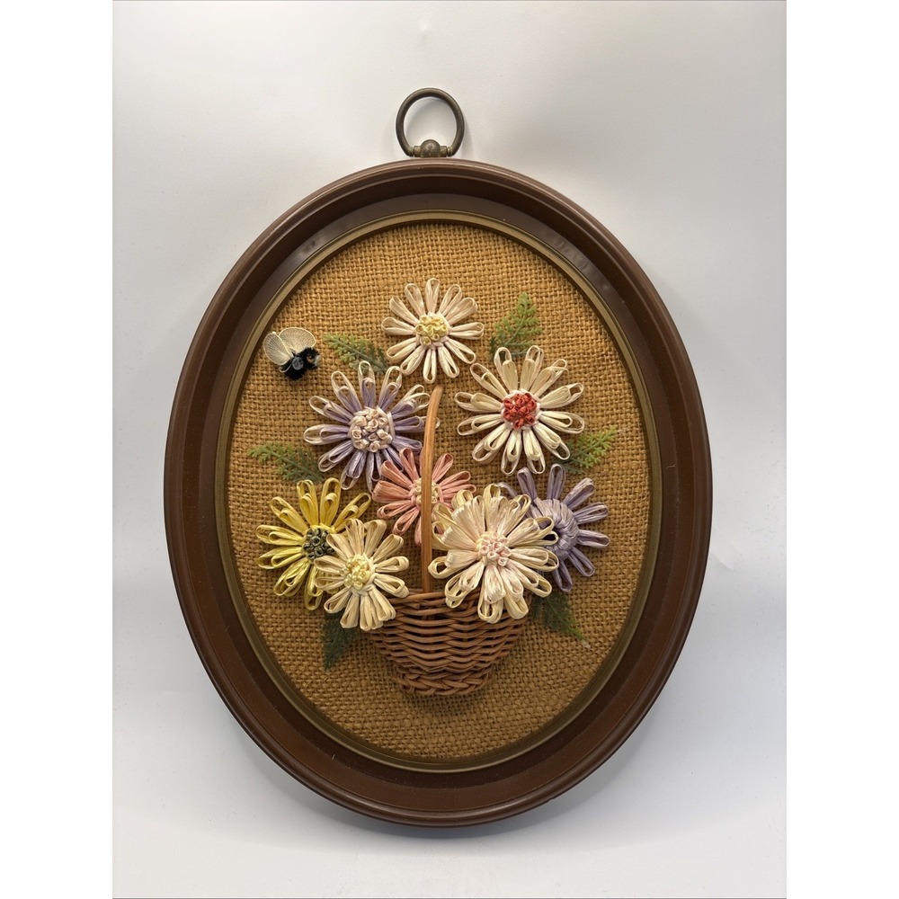 Vtg 70s 3D Paper Quilled Flower Bouquet Basket Cottagecore Wall Art Oval Framed
